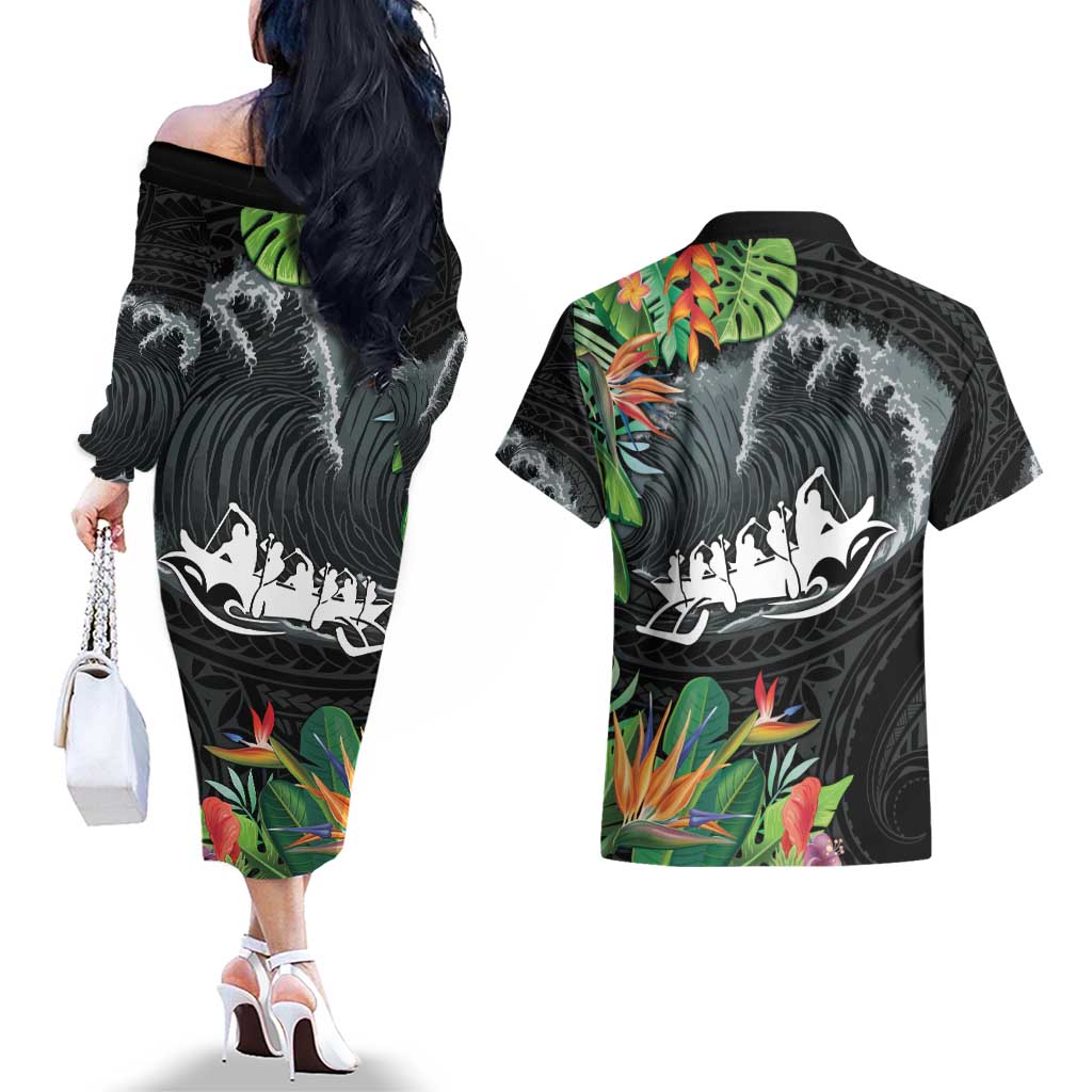 Outrigger Canoe Black Couples Matching Off The Shoulder Long Sleeve Dress and Hawaiian Shirt On The Waves