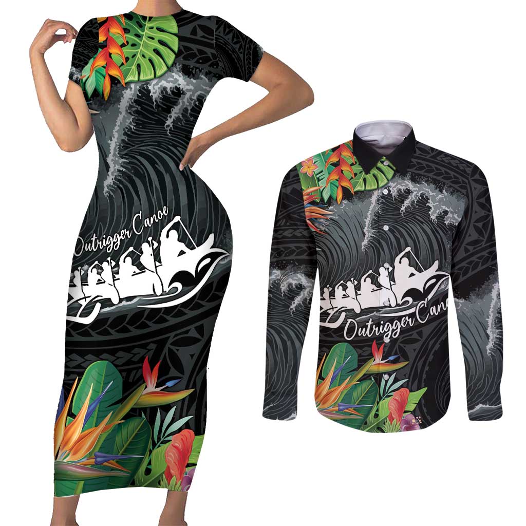 Outrigger Canoe Black Couples Matching Short Sleeve Bodycon Dress and Long Sleeve Button Shirt On The Waves