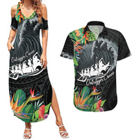 Outrigger Canoe Black Couples Matching Summer Maxi Dress and Hawaiian Shirt On The Waves