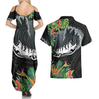 Outrigger Canoe Black Couples Matching Summer Maxi Dress and Hawaiian Shirt On The Waves