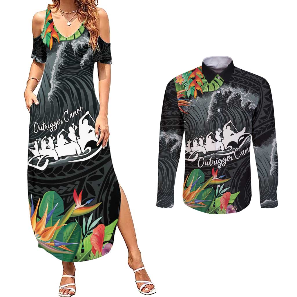 Outrigger Canoe Black Couples Matching Summer Maxi Dress and Long Sleeve Button Shirt On The Waves