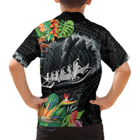 Outrigger Canoe Black Family Matching Long Sleeve Bodycon Dress and Hawaiian Shirt On The Waves LT7 - Polynesian Pride