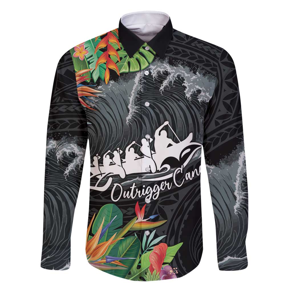 Outrigger Canoe Black Family Matching Long Sleeve Bodycon Dress and Hawaiian Shirt On The Waves LT7 Dad's Shirt - Long Sleeve Black - Polynesian Pride