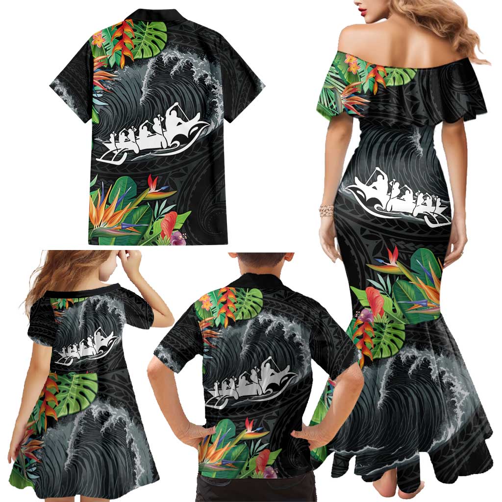 Outrigger Canoe Black Family Matching Mermaid Dress and Hawaiian Shirt On The Waves LT7 - Polynesian Pride