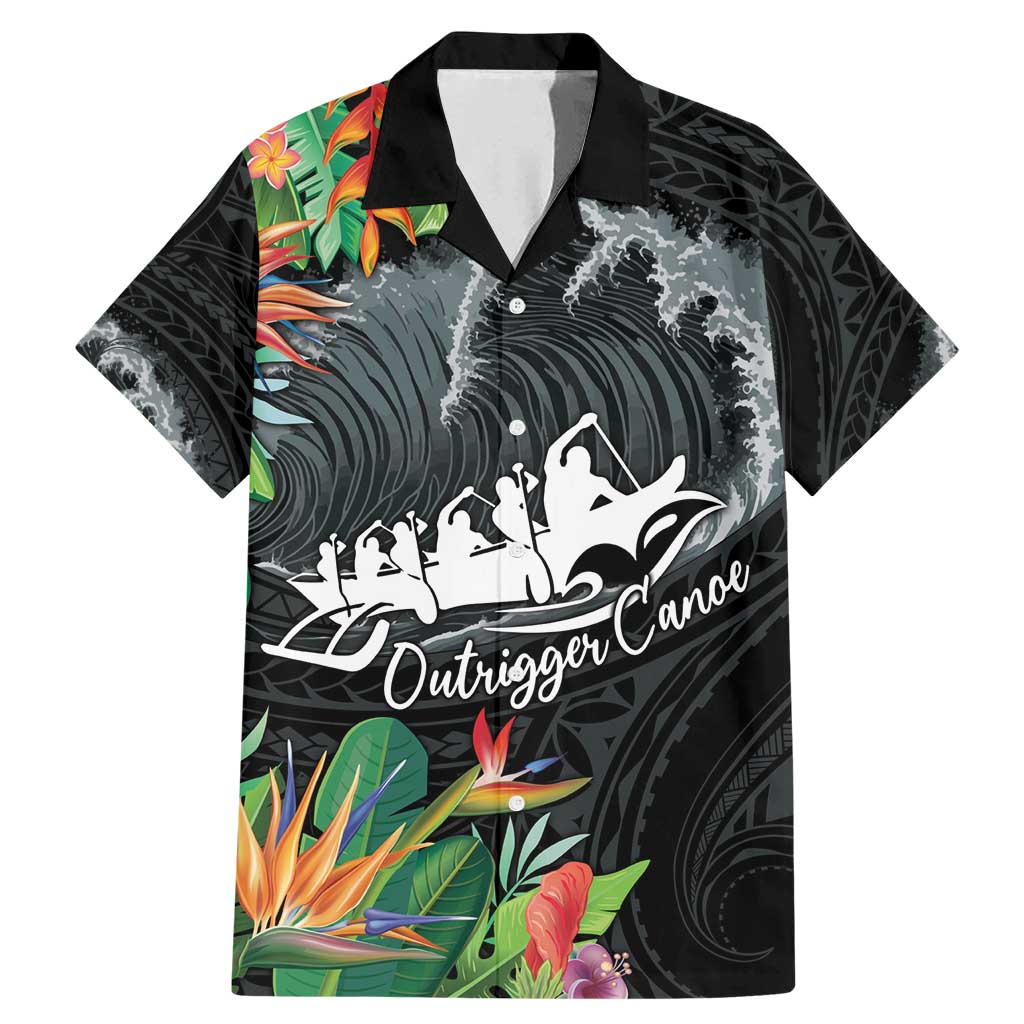 Outrigger Canoe Black Family Matching Mermaid Dress and Hawaiian Shirt On The Waves LT7 Dad's Shirt - Short Sleeve Black - Polynesian Pride