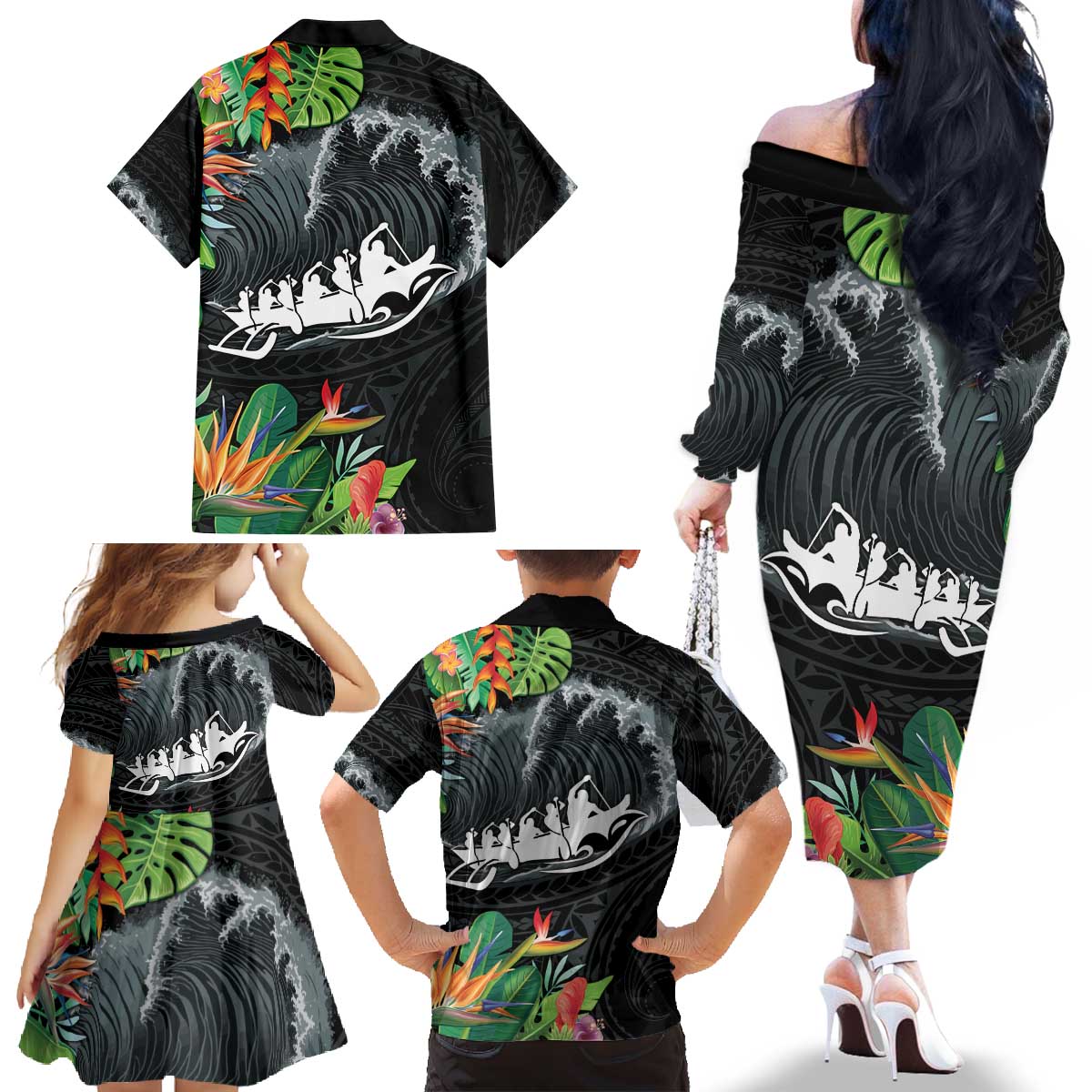 Outrigger Canoe Black Family Matching Off The Shoulder Long Sleeve Dress and Hawaiian Shirt On The Waves