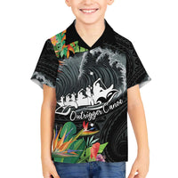 Outrigger Canoe Black Family Matching Off The Shoulder Long Sleeve Dress and Hawaiian Shirt On The Waves