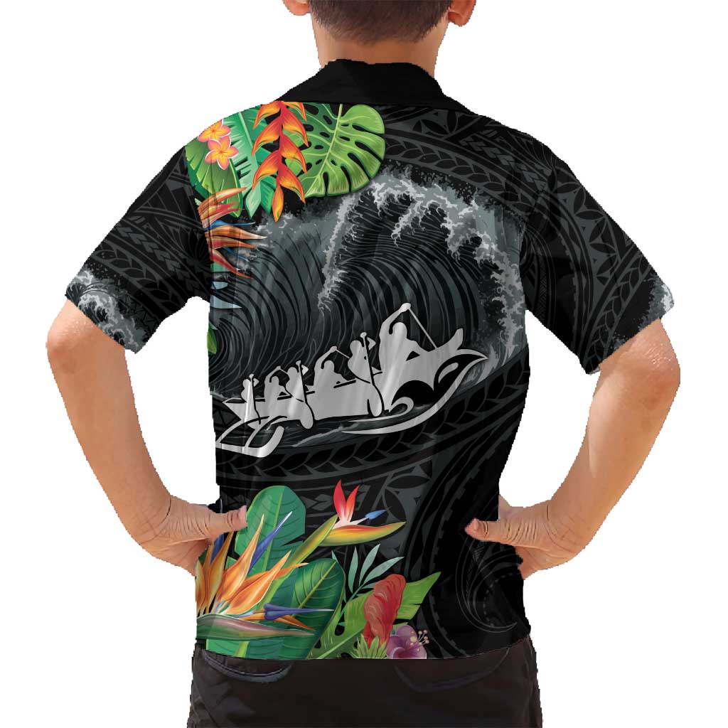 Outrigger Canoe Black Family Matching Off Shoulder Maxi Dress and Hawaiian Shirt On The Waves LT7 - Polynesian Pride