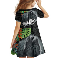 Outrigger Canoe Black Family Matching Off Shoulder Maxi Dress and Hawaiian Shirt On The Waves LT7 - Polynesian Pride