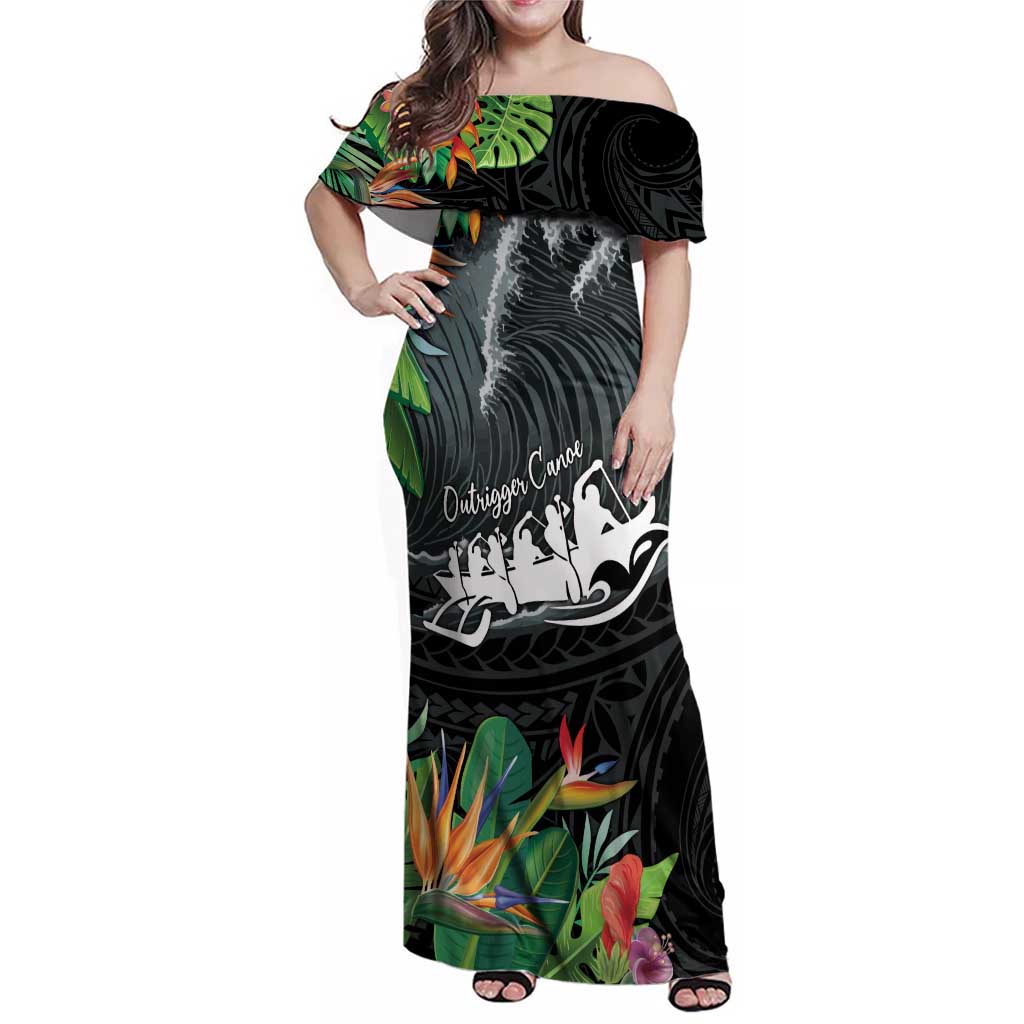 Outrigger Canoe Black Family Matching Off Shoulder Maxi Dress and Hawaiian Shirt On The Waves LT7 Mom's Dress Black - Polynesian Pride