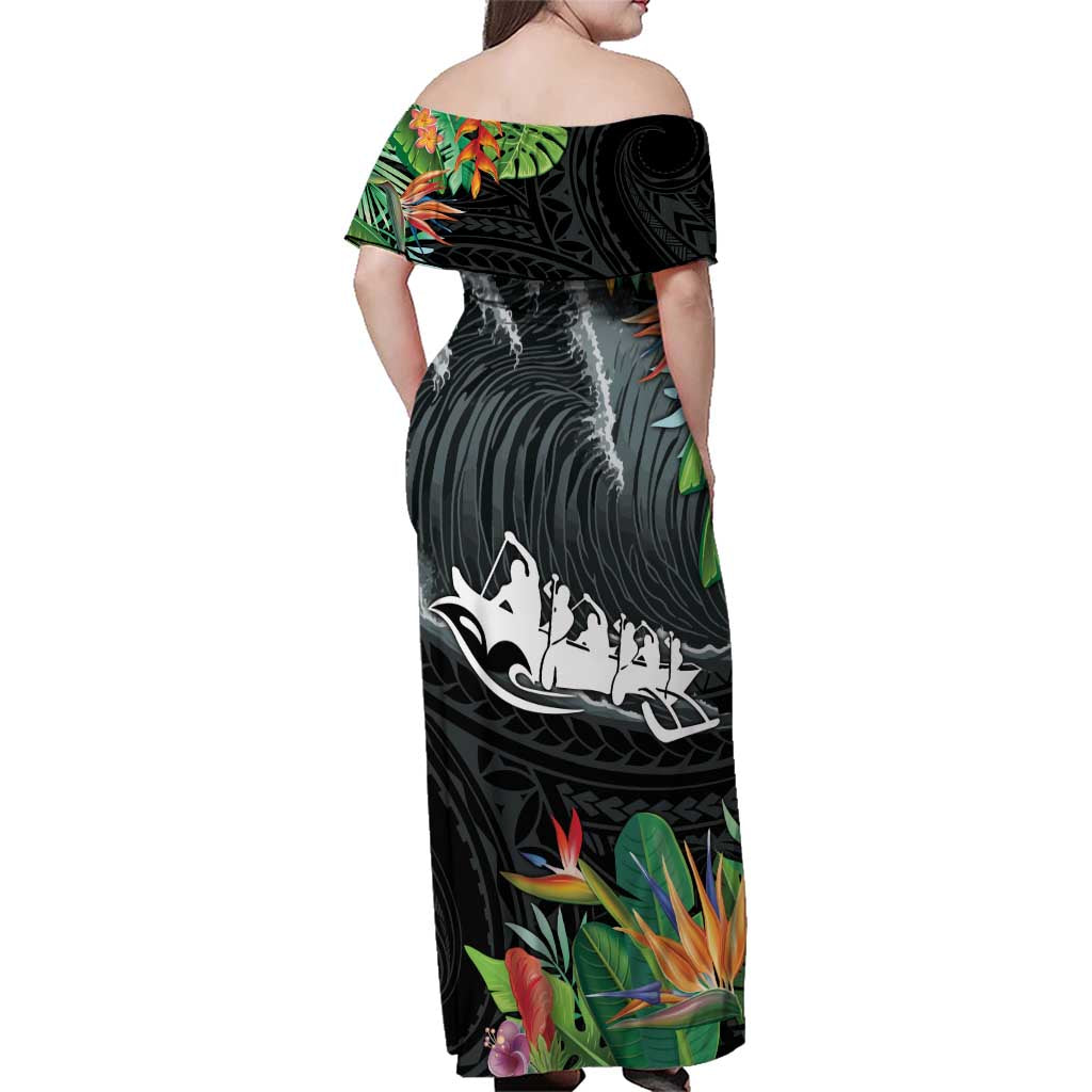 Outrigger Canoe Black Family Matching Off Shoulder Maxi Dress and Hawaiian Shirt On The Waves LT7 - Polynesian Pride