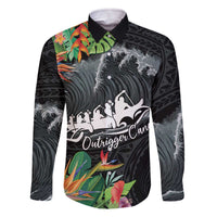 Outrigger Canoe Black Family Matching Off Shoulder Short Dress and Hawaiian Shirt On The Waves LT7 Dad's Shirt - Long Sleeve Black - Polynesian Pride