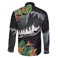 Outrigger Canoe Black Family Matching Off Shoulder Short Dress and Hawaiian Shirt On The Waves LT7 - Polynesian Pride