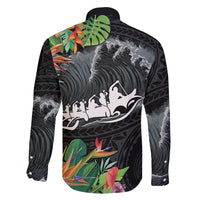 Outrigger Canoe Black Family Matching Short Sleeve Bodycon Dress and Hawaiian Shirt On The Waves LT7 - Polynesian Pride
