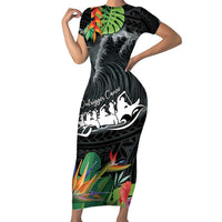Outrigger Canoe Black Family Matching Short Sleeve Bodycon Dress and Hawaiian Shirt On The Waves LT7 Mom's Dress Black - Polynesian Pride