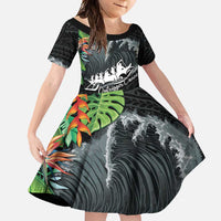 Outrigger Canoe Black Family Matching Summer Maxi Dress and Hawaiian Shirt On The Waves LT7 Daughter's Dress Black - Polynesian Pride