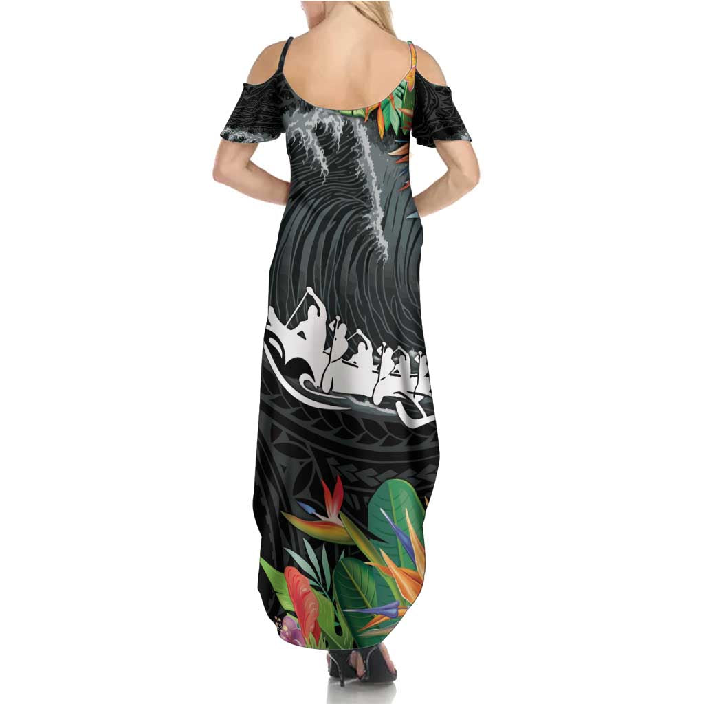 Outrigger Canoe Black Family Matching Summer Maxi Dress and Hawaiian Shirt On The Waves LT7 - Polynesian Pride