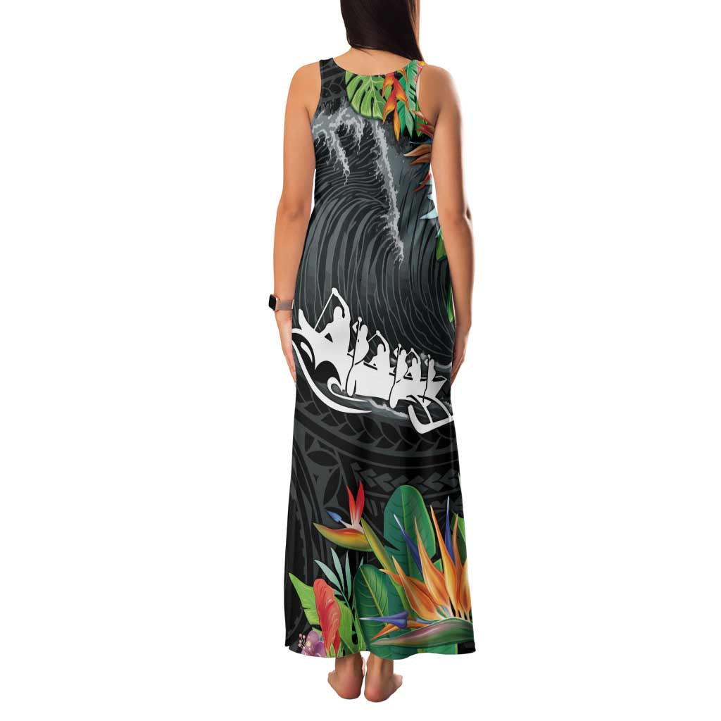 Outrigger Canoe Black Family Matching Tank Maxi Dress and Hawaiian Shirt On The Waves LT7 - Polynesian Pride