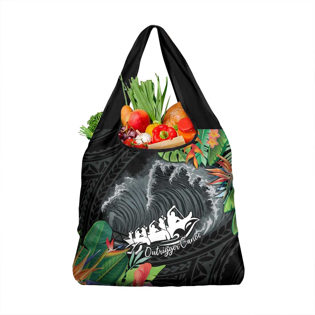 Outrigger Canoe Black Grocery Bag On The Waves