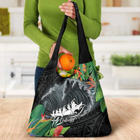 Outrigger Canoe Black Grocery Bag On The Waves