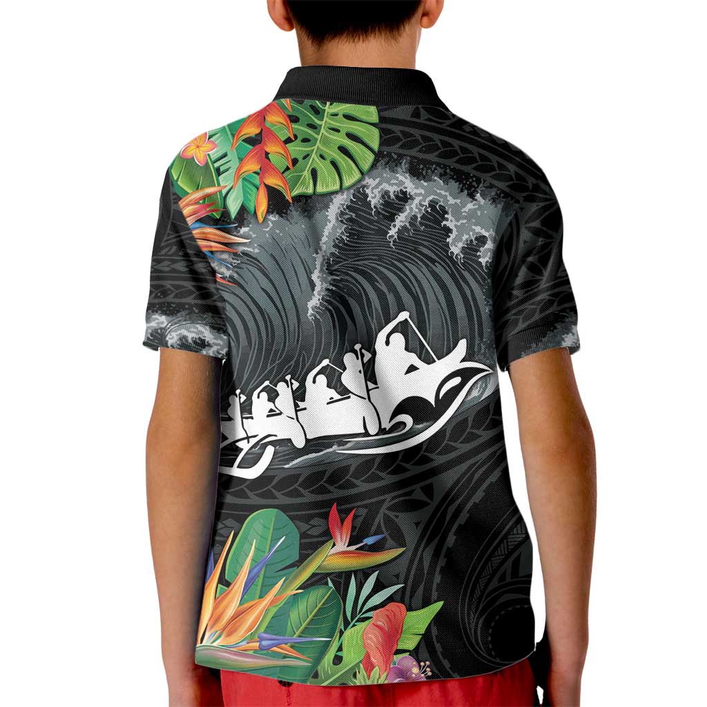 Outrigger Canoe Black Kid Polo Shirt On The Waves LT7 - Polynesian Pride