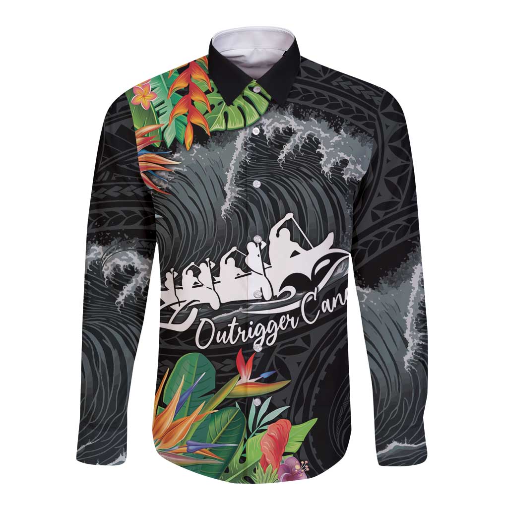 Outrigger Canoe Black Long Sleeve Button Shirt On The Waves LT7 Unisex Black - Polynesian Pride