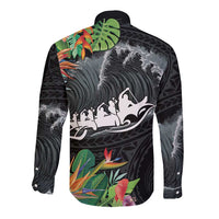 Outrigger Canoe Black Long Sleeve Button Shirt On The Waves LT7 - Polynesian Pride