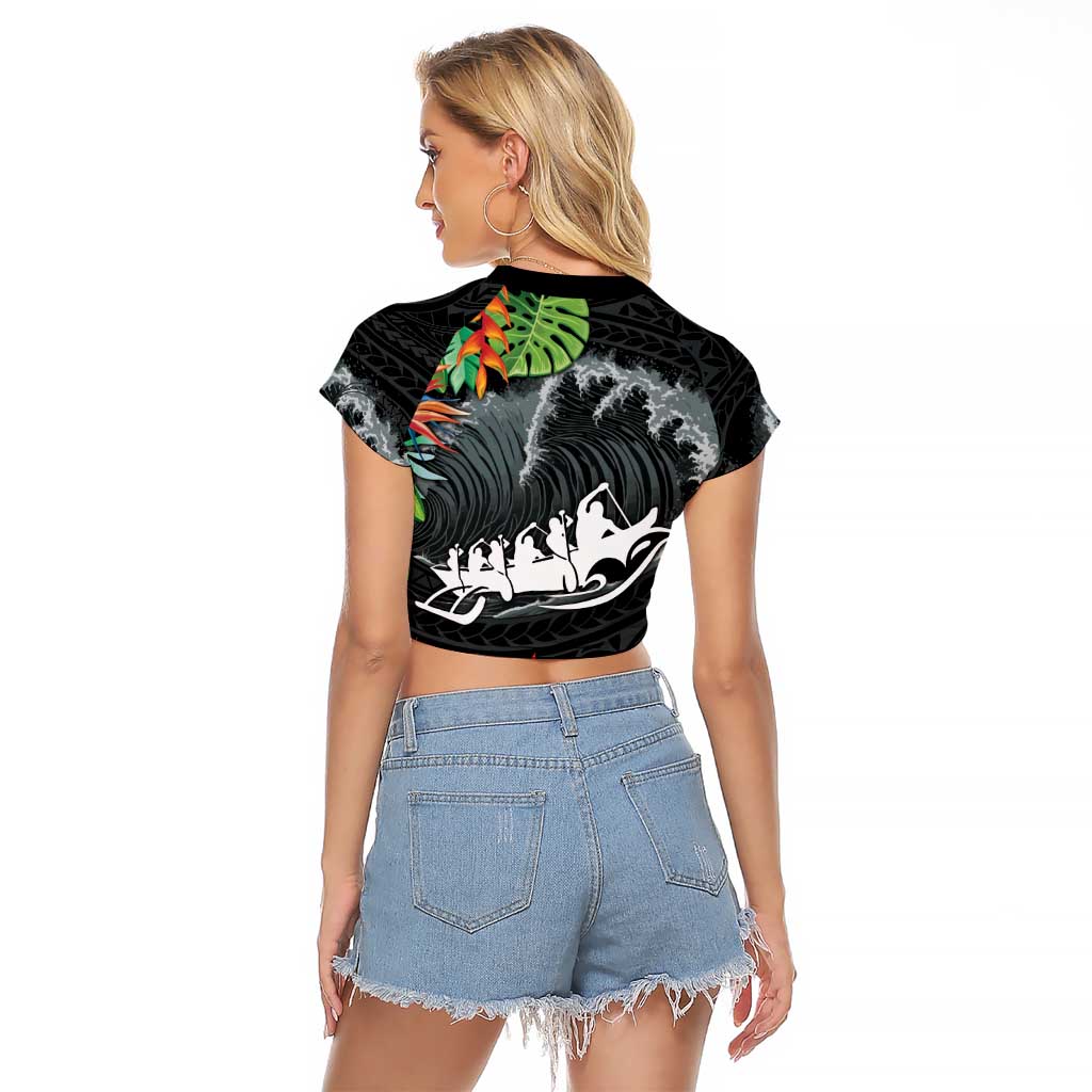 Outrigger Canoe Black Raglan Cropped T Shirt On The Waves
