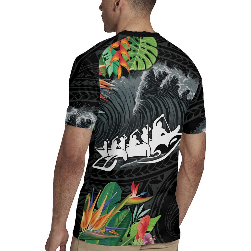 Outrigger Canoe Black Rugby Jersey On The Waves LT7 - Polynesian Pride