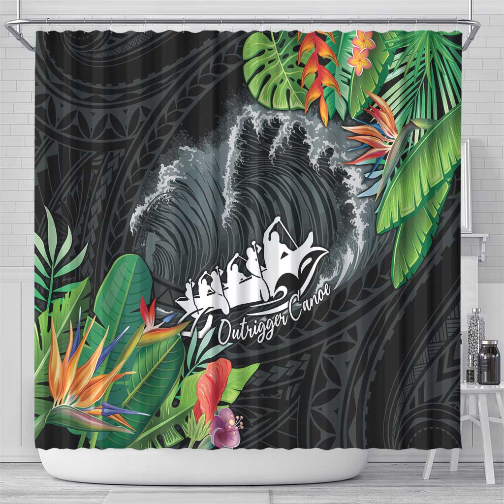 Outrigger Canoe Black Shower Curtain On The Waves LT7 - Polynesian Pride