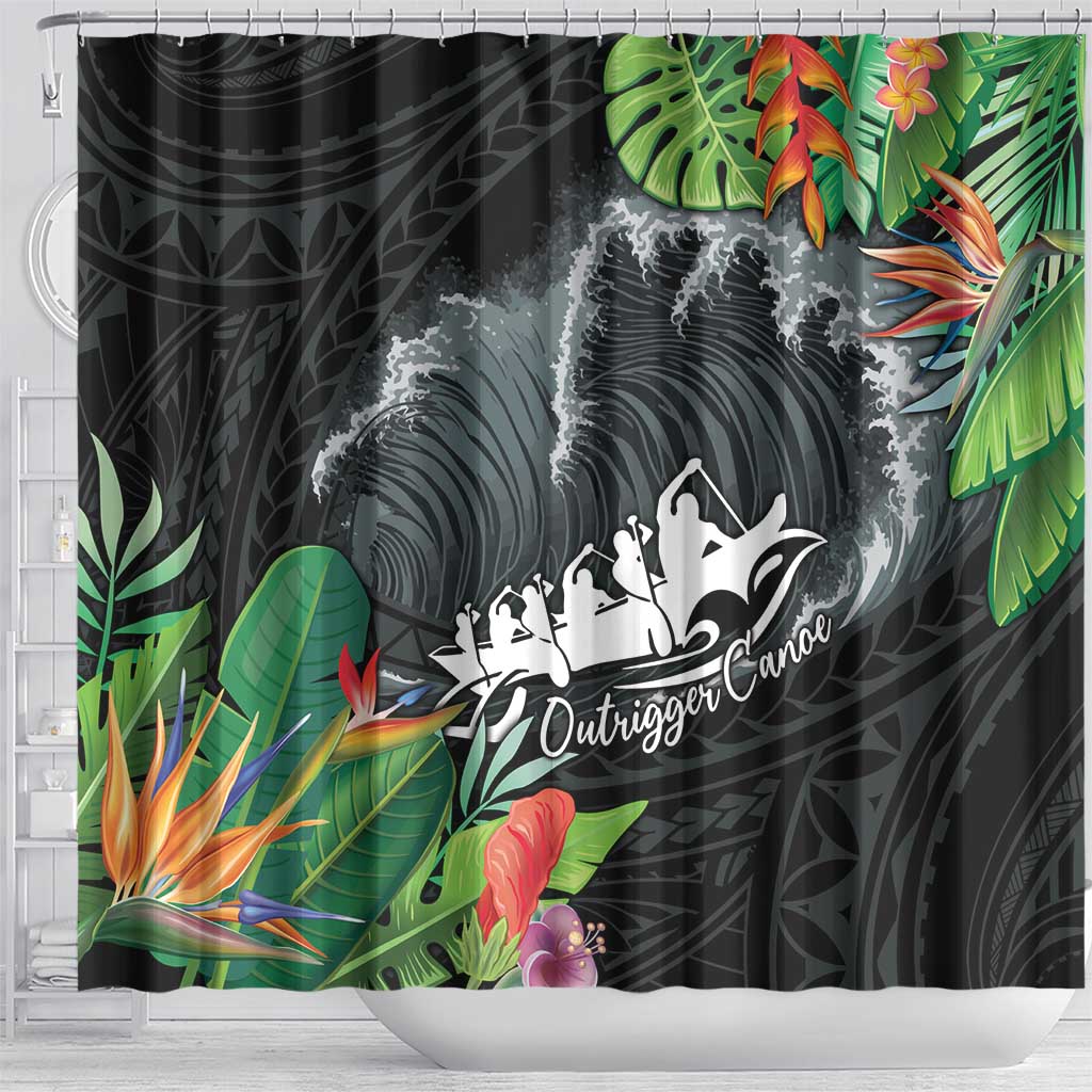 Outrigger Canoe Black Shower Curtain On The Waves LT7 - Polynesian Pride