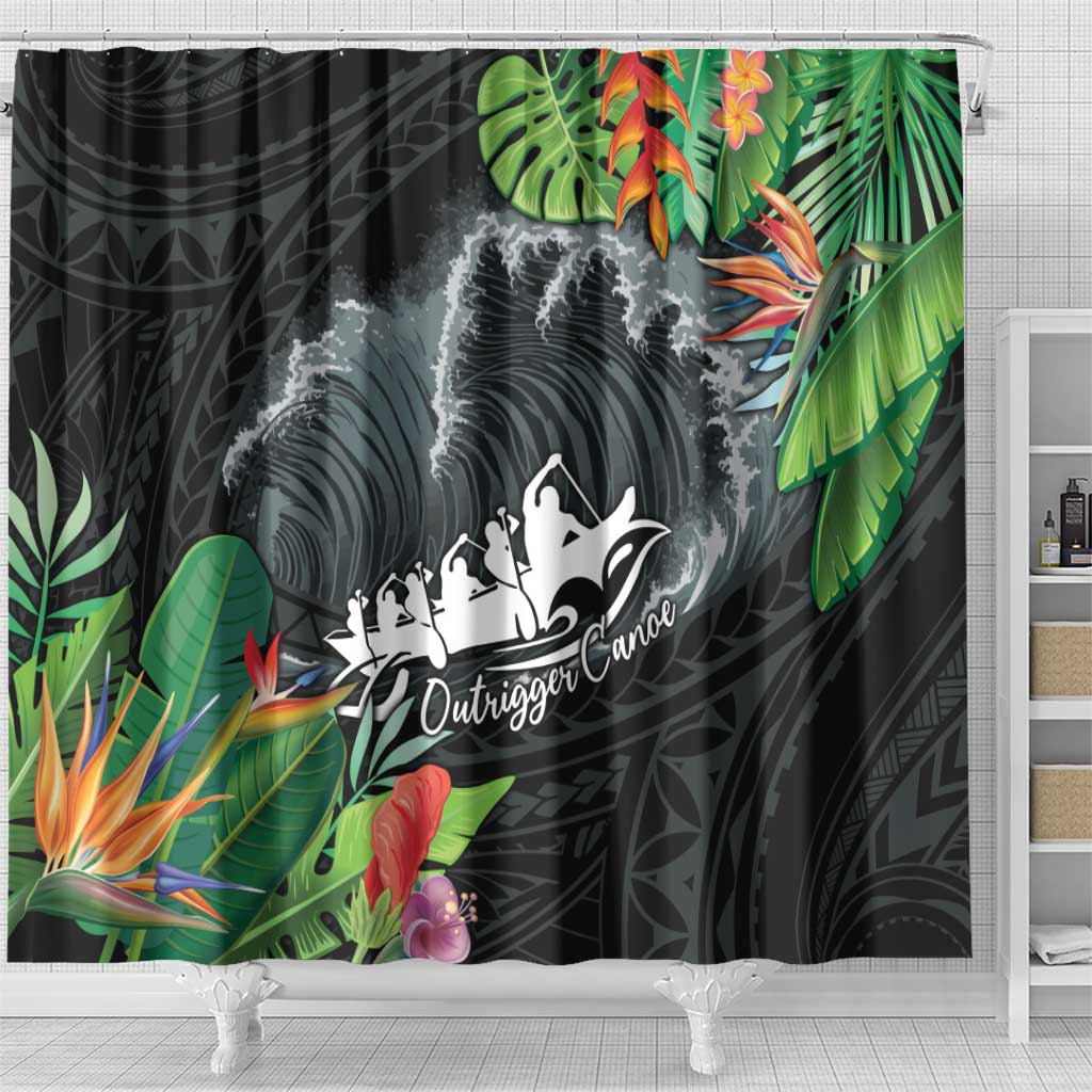 Outrigger Canoe Black Shower Curtain On The Waves LT7 - Polynesian Pride