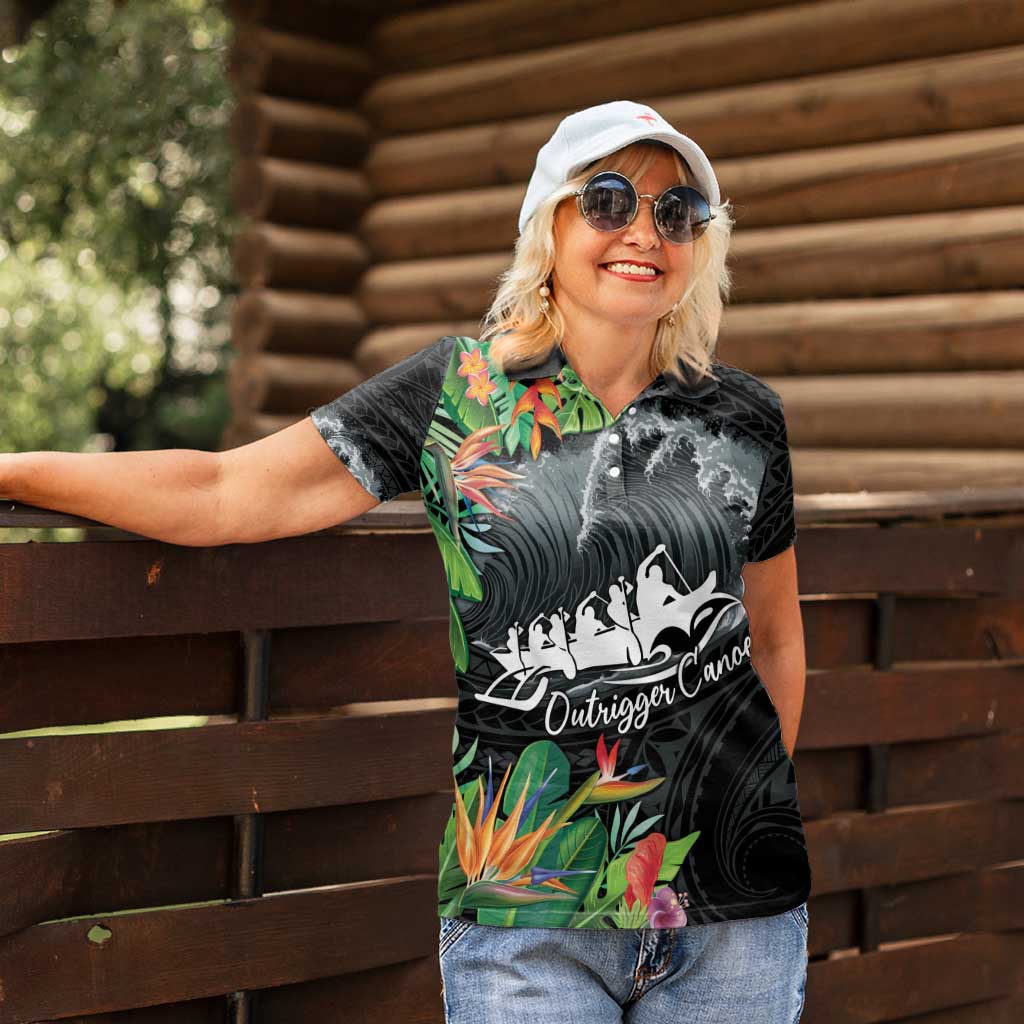 Outrigger Canoe Black Women Polo Shirt On The Waves
