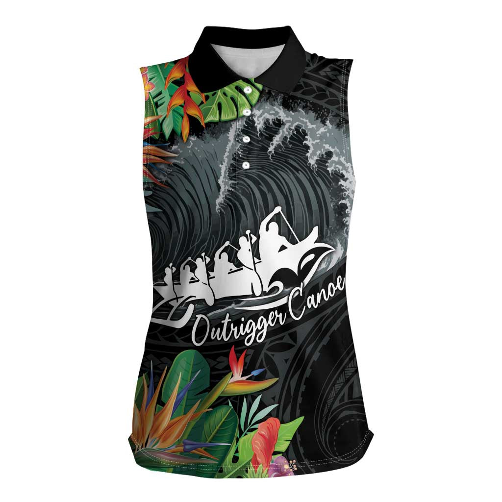 Outrigger Canoe Black Women Sleeveless Polo Shirt On The Waves LT7 Female Black - Polynesian Pride