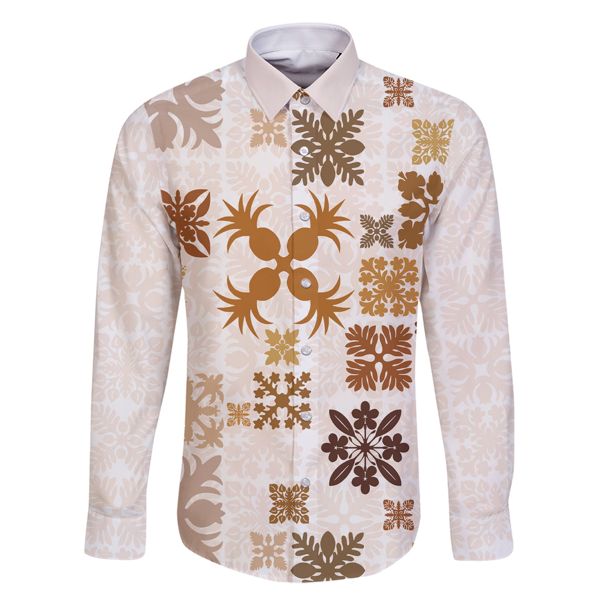 Vintage Hawaii Family Matching Off Shoulder Long Sleeve Dress and Hawaiian Shirt Hawaiian Quilt Kapa Mismatch Beige LT7 Dad's Shirt - Long Sleeve Beige - Polynesian Pride