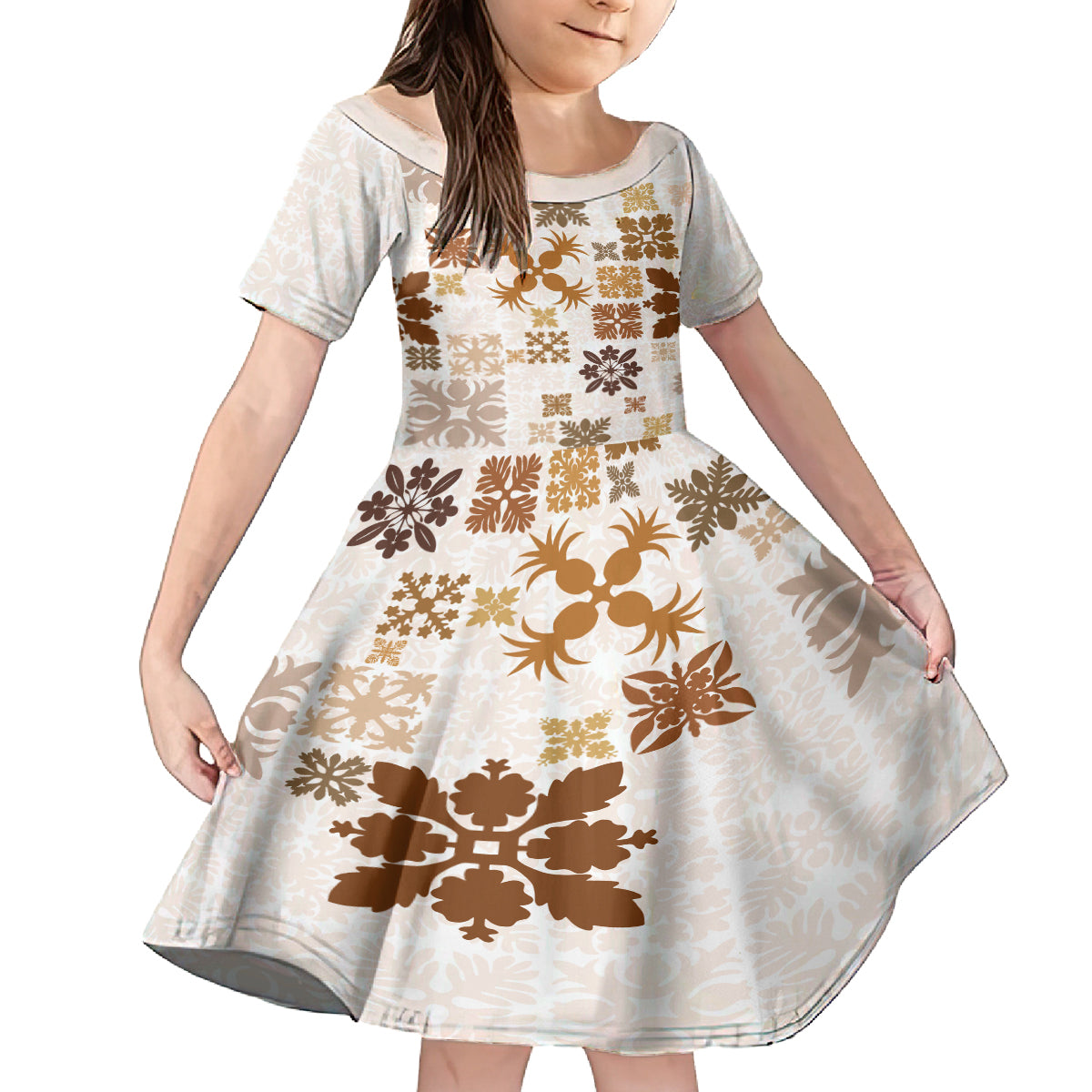 Vintage Hawaii Family Matching Off Shoulder Short Dress and Hawaiian Shirt Hawaiian Quilt Kapa Mismatch Beige LT7 Daughter's Dress Beige - Polynesian Pride