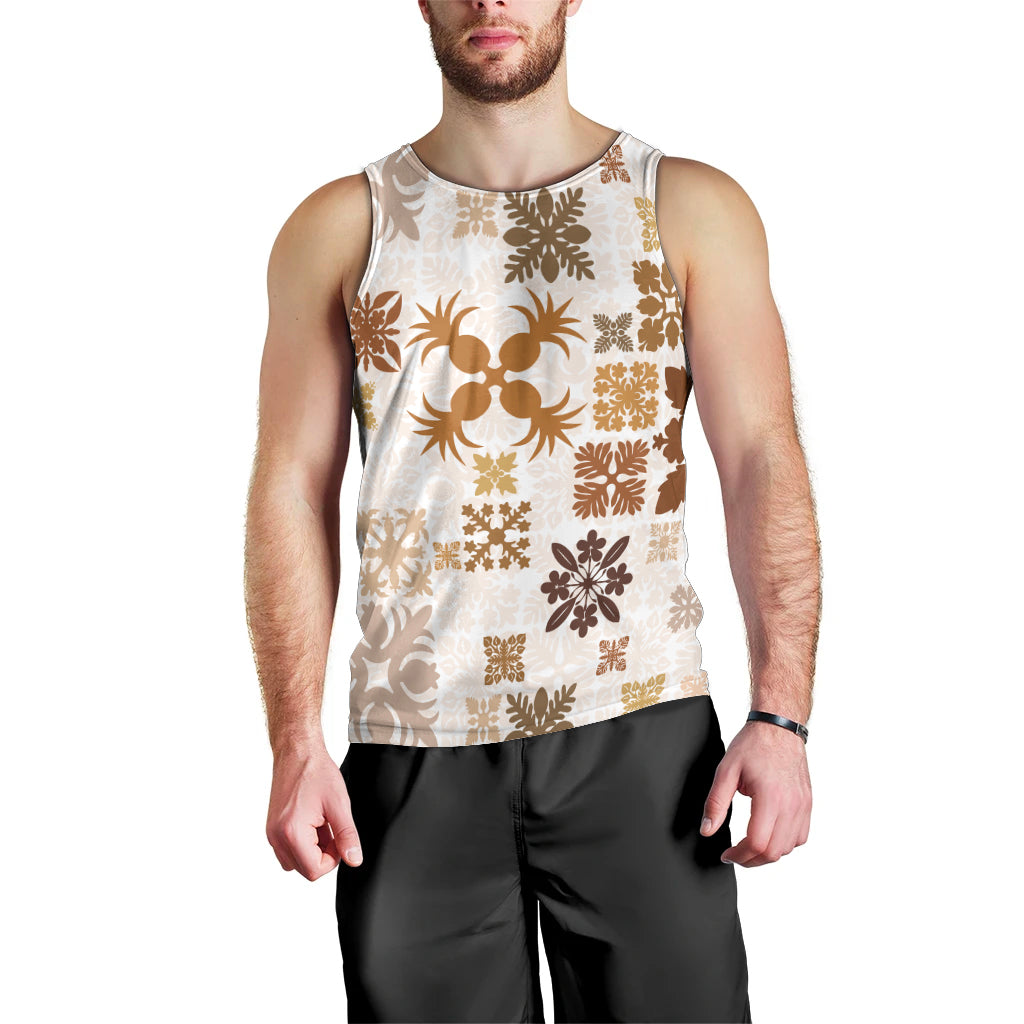 Vintage Hawaii Men Tank Top Hawaiian Quilt Kapa Mismatch Beige LT7 - Polynesian Pride