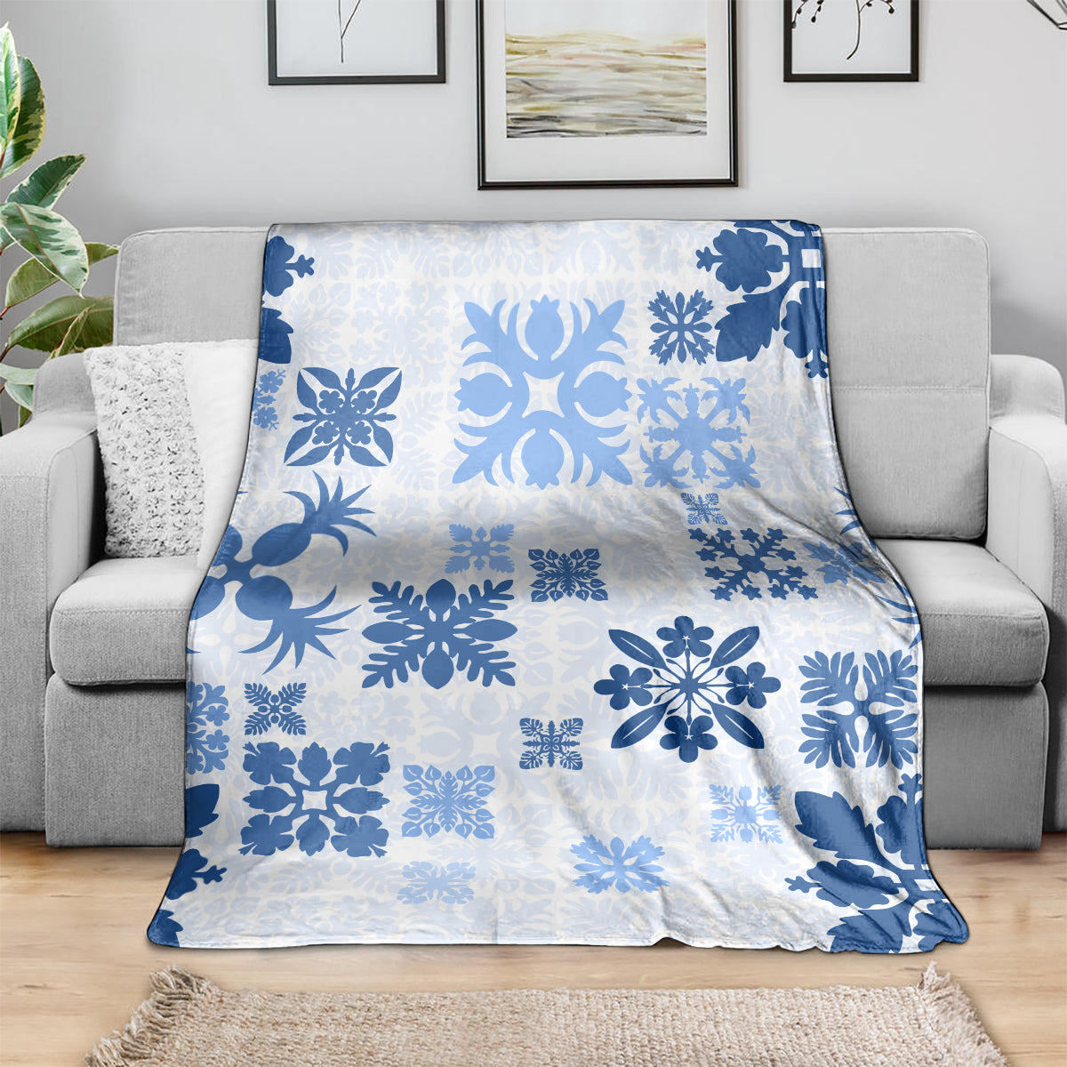 Vintage Hawaii Blanket Hawaiian Quilt Kapa Mismatch Blue LT7 - Polynesian Pride