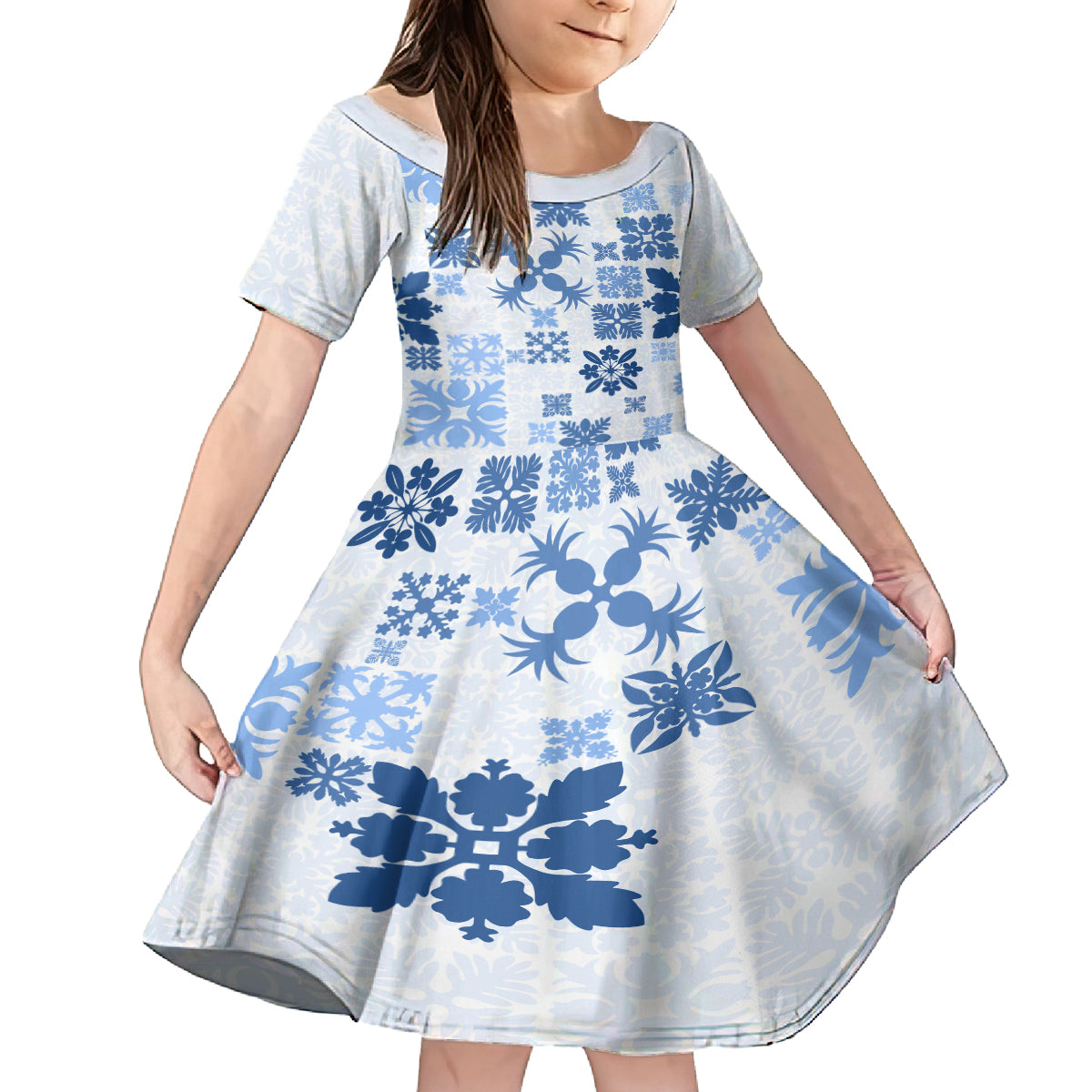 Vintage Hawaii Family Matching Off Shoulder Short Dress and Hawaiian Shirt Hawaiian Quilt Kapa Mismatch Blue LT7 Daughter's Dress Blue - Polynesian Pride