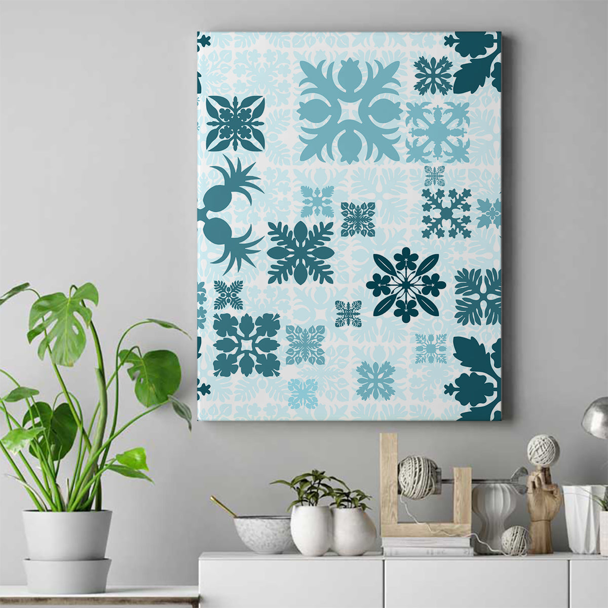 Vintage Hawaii Canvas Wall Art Hawaiian Quilt Kapa Mismatch Teal LT7 Teal - Polynesian Pride