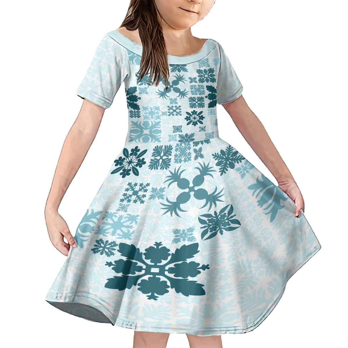 Vintage Hawaii Family Matching Long Sleeve Bodycon Dress and Hawaiian Shirt Hawaiian Quilt Kapa Mismatch Teal LT7 Daughter's Dress Teal - Polynesian Pride