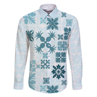Vintage Hawaii Family Matching Mermaid Dress and Hawaiian Shirt Hawaiian Quilt Kapa Mismatch Teal LT7 Dad's Shirt - Long Sleeve Teal - Polynesian Pride