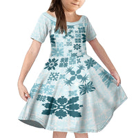 Vintage Hawaii Family Matching Puletasi Dress and Hawaiian Shirt Hawaiian Quilt Kapa Mismatch Teal LT7 Daughter's Dress Teal - Polynesian Pride