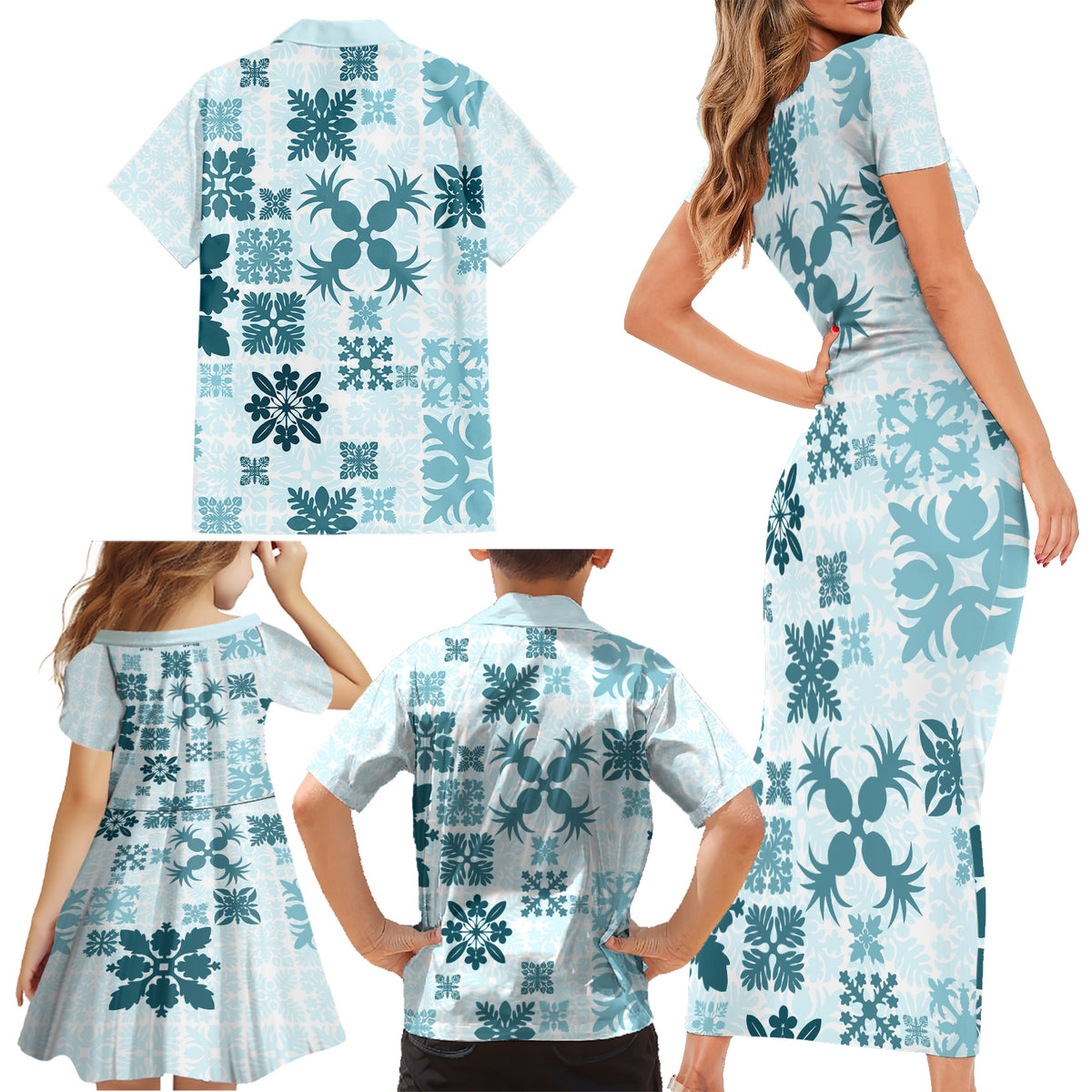 Vintage Hawaii Family Matching Short Sleeve Bodycon Dress and Hawaiian Shirt Hawaiian Quilt Kapa Mismatch Teal LT7 - Polynesian Pride