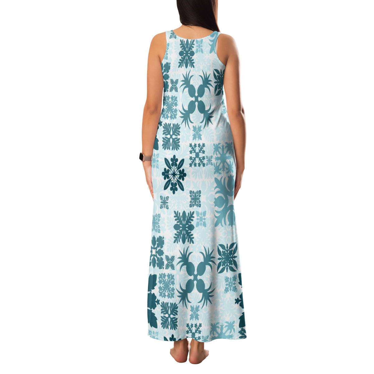 Vintage Hawaii Family Matching Tank Maxi Dress and Hawaiian Shirt Hawaiian Quilt Kapa Mismatch Teal LT7 - Polynesian Pride
