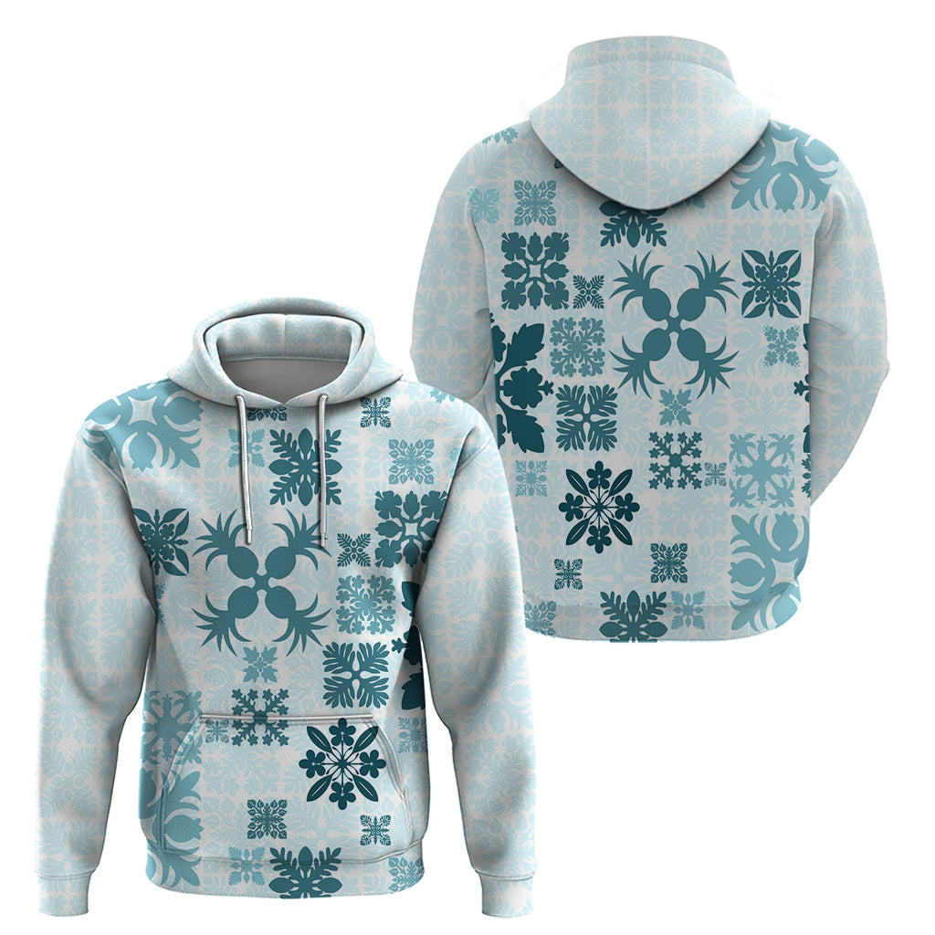 Vintage Hawaii Hoodie Hawaiian Quilt Kapa Mismatch Teal LT7 - Polynesian Pride