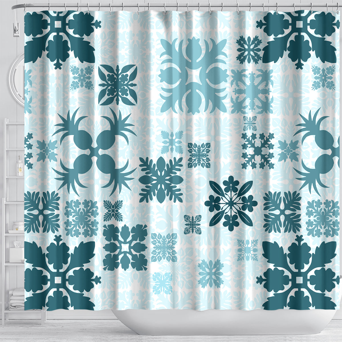 Vintage Hawaii Shower Curtain Hawaiian Quilt Kapa Mismatch Teal LT7 - Polynesian Pride