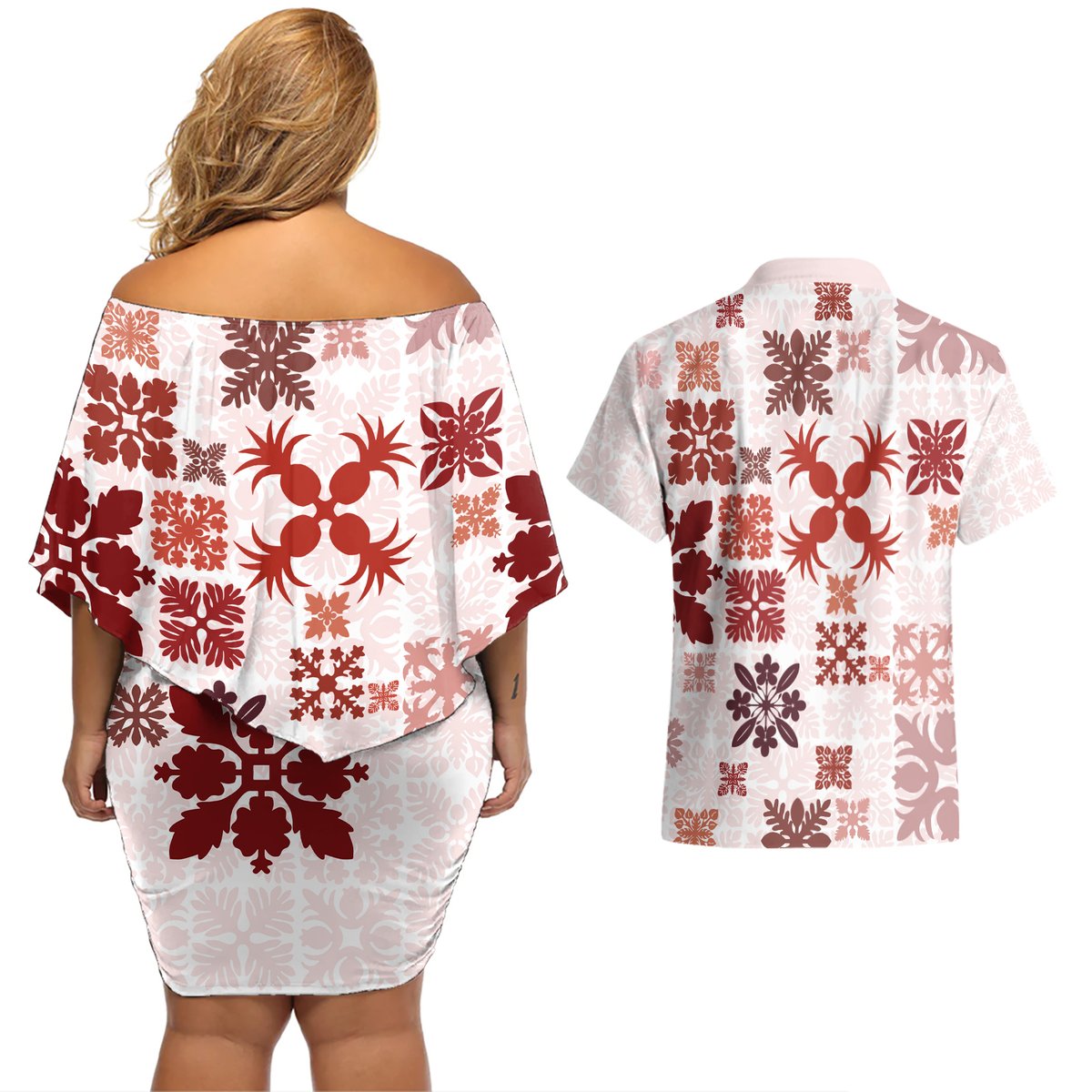 Vintage Hawaii Couples Matching Off Shoulder Short Dress and Hawaiian Shirt Hawaiian Quilt Kapa Mismatch Red LT7 - Polynesian Pride