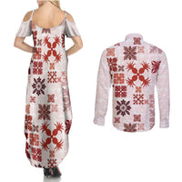 Vintage Hawaii Couples Matching Summer Maxi Dress and Long Sleeve Button Shirts Hawaiian Quilt Kapa Mismatch Red LT7 - Polynesian Pride