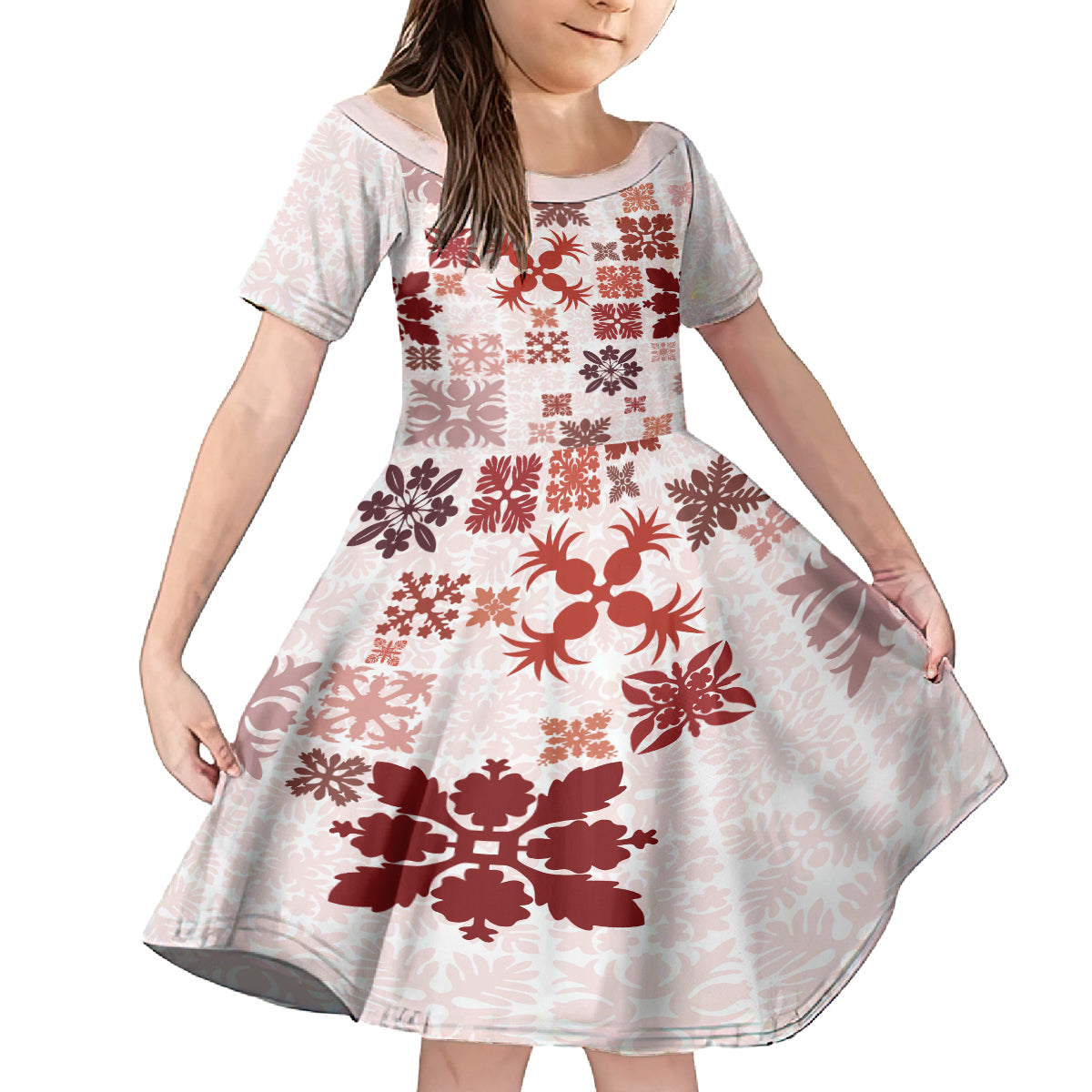 Vintage Hawaii Family Matching Puletasi Dress and Hawaiian Shirt Hawaiian Quilt Kapa Mismatch Red LT7 Daughter's Dress Red - Polynesian Pride